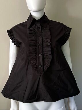 Chanel 07C Black Silk Ruffle CC Logo Button Babydoll Blouse FR 36 US 4